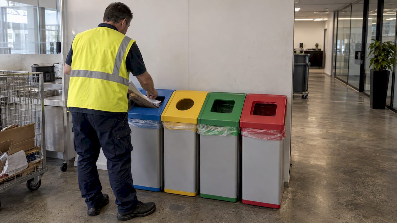 Worker sorting recyclables at an office station