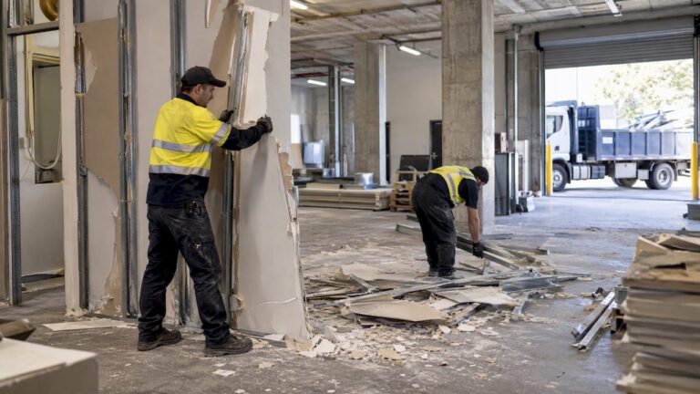 Crew removing office partition near commercial truck