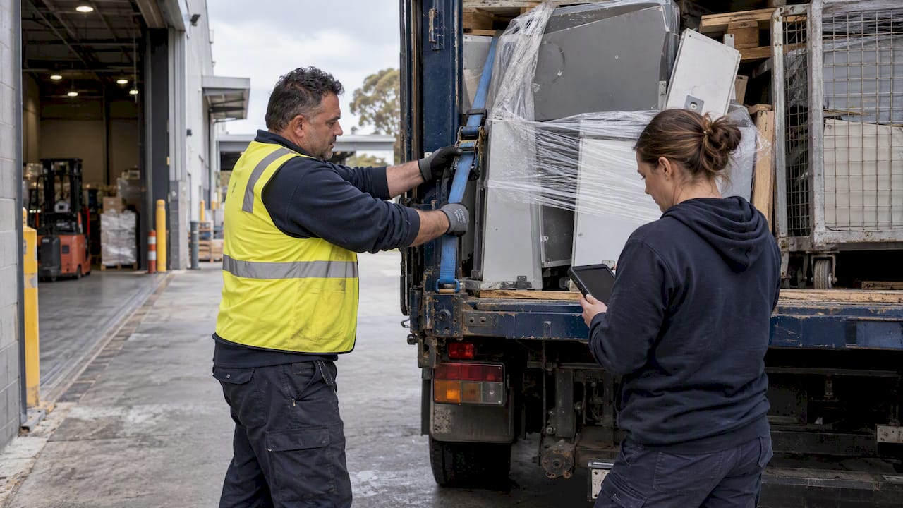 Workers document a commercial waste load