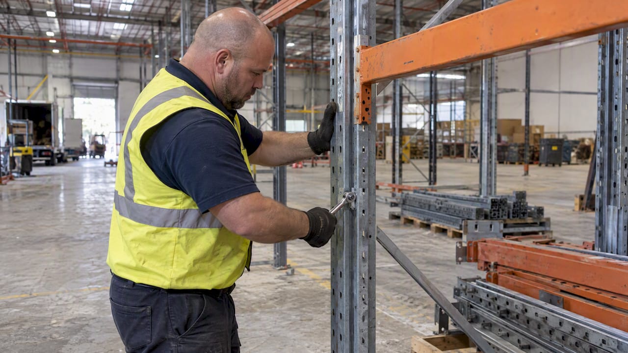 Worker dismantles warehouse pallet racking for make-good