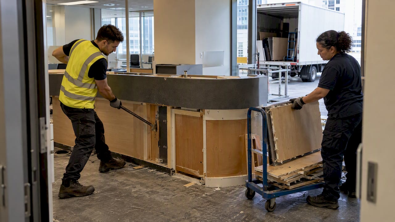 Workers remove reception joinery during office make-good
