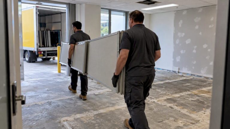 Workers remove partition panels from an office