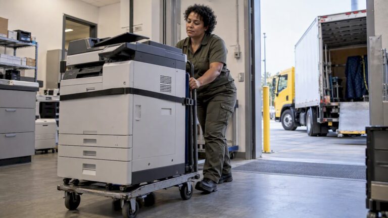 Office printer secured for commercial removal