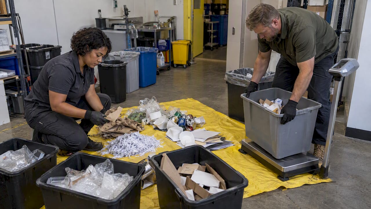 Facilities workers sorting office waste samples