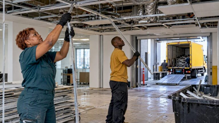 Crew removing ceiling grid in Sydney office
