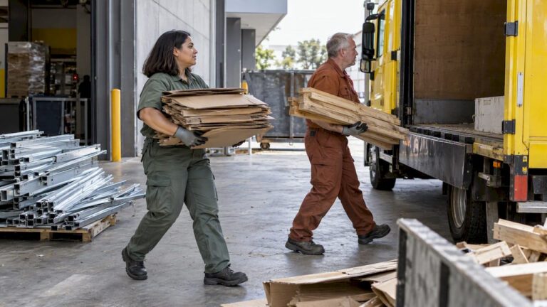 Workers load separated office materials onto a truck