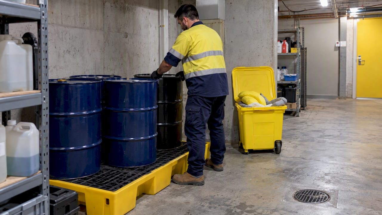 Closed drums stored on spill pallets